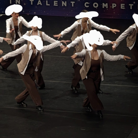 Menswear Style Tap Dance Costume: Brown White Bodysuit, Blouse, Pants, Vest - Picture 3 of 7